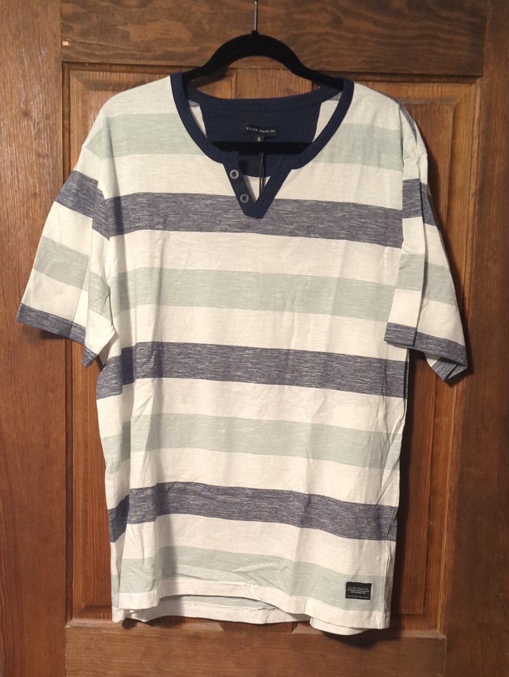Silver Jeans Men's Striped Short-Sleeve Henley in Navy, Light Green & White